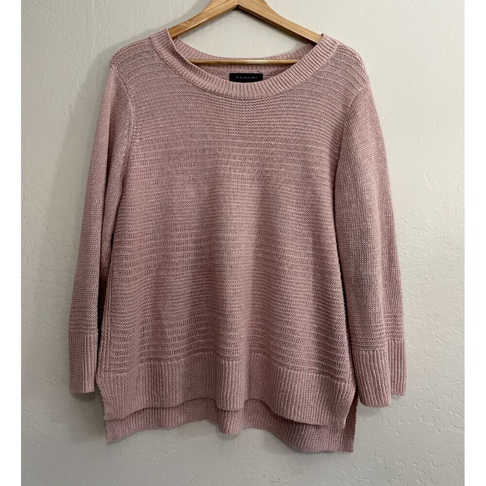 Tahari Womans‎ 100% Linen Open Knit Pullover Sweater Top Size XL Pink Minimal